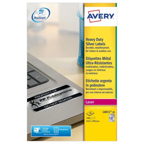 boîte de 20 planches de 27 étiquettes argent ultra résistantes AVERY 63,5x29,6mm