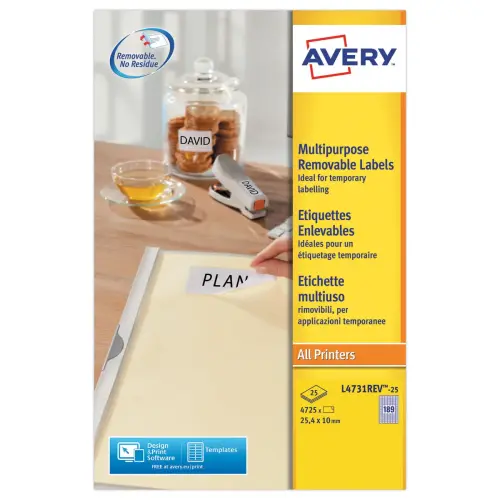 25 planches de 189 &eacute;tiquettes blanches enlevables - 25,4x10mm - AVERY 