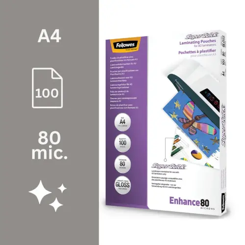 100 Pochettes de plastification SuperQuick brillantes - A4 - 80 microns - Fellowes