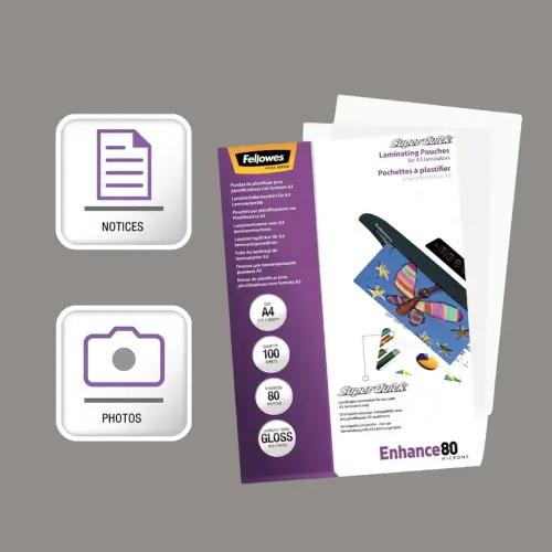 100 Pochettes de plastification SuperQuick brillantes - A4 - 80 microns - Fellowes
