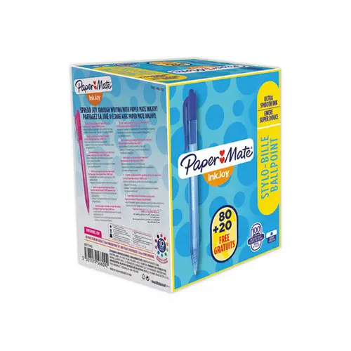 100 Stylos bille r&eacute;tractables Inkjoy 100 RT (80 +20 gratuits) - Pack &eacute;conomique - Bleu - PAPER MATE INKJOY 