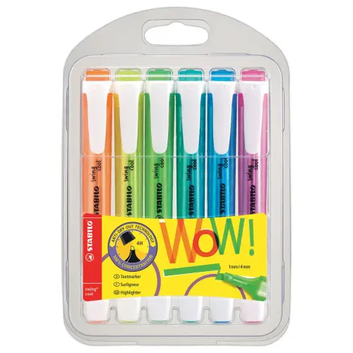 6 Surligneurs swing cool - Pointe biseaut&eacute;e - Coloris assortis - STABILO 