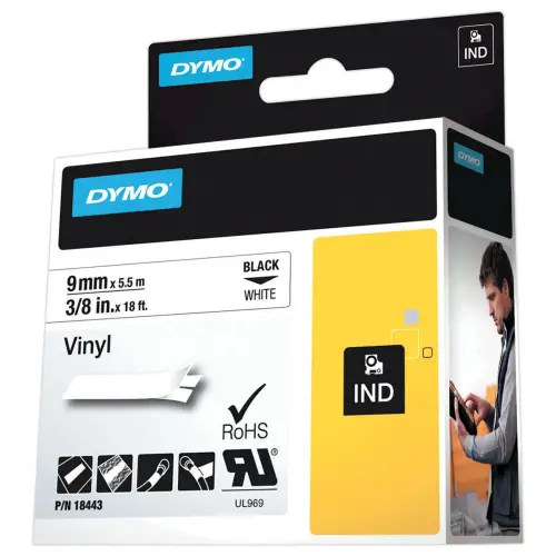 Ruban Vinyle RHINO IND DYMO 18443 - 5,5 m x 9 mm - Texte noir sur fond blanc