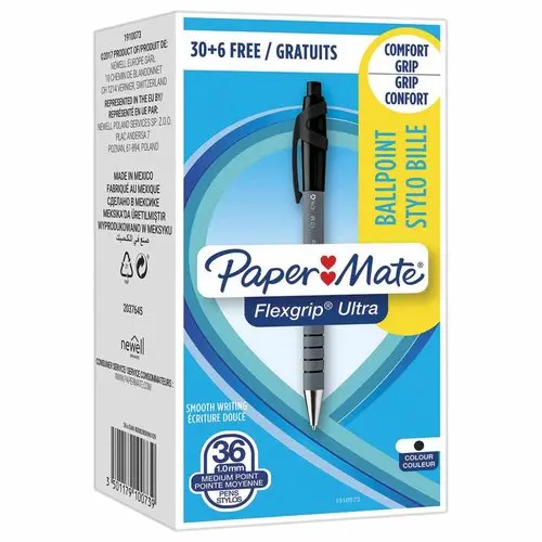 36 (30+6 offerts) Stylos bille rétractables Flexgrip - Écriture moyenne - Noir - PAPERMATE