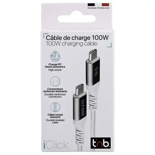 Câble 100W 2m USB-C/USB-C - Tressé - Blanc - T'NB