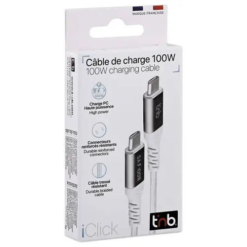 Câble 100W 2m USB-C/USB-C - Tressé - Blanc - T'NB