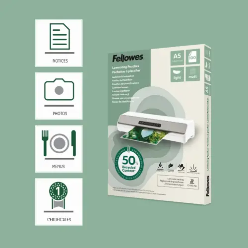 100 Pochettes de plastification mates - A5 - Recycl&eacute;es - Fellowes 