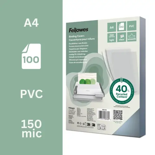 100 Couverture PVC cristal A4 - 150 microns - FELLOWES 