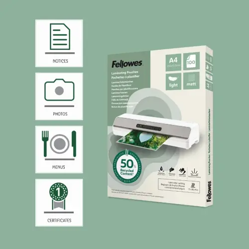 100 Pochettes de plastification mates - A4 - Recyclées - Fellowes