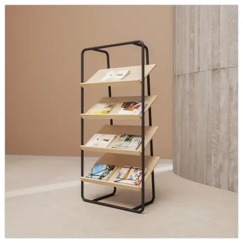Présentoir de Sol en Acier Noir Mat & 4 Tablettes en bois - MEET