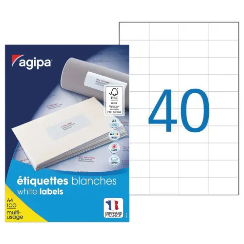 100 Planches d'étiquettes MU 52,5x29,7mm soit 4000 étiquettes permanent