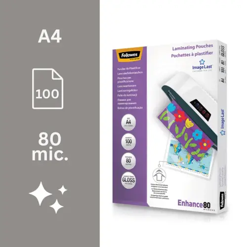 100 Pochettes de plastification brillantes ImageLast - A4 - 80&micro; - Fellowes 
