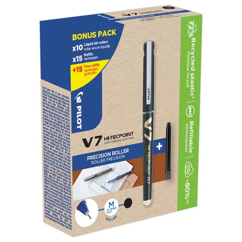 10 Rollers PILOT V7 + 30 recharges (dont la moiti&eacute; gratuites) - noir 