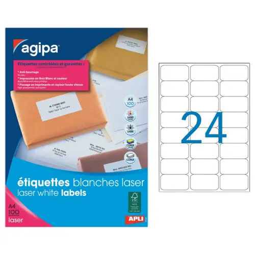 100 Planches d'&eacute;tiquettes laser 63,5 x33,9mm soit 2400 &eacute;tiq/bo&icirc;te - APLI 