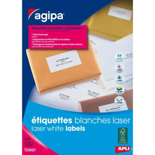 100 Planches d'&eacute;tiquettes laser L99,1xH139mm soit 400 &eacute;tiq/bo&icirc;te 