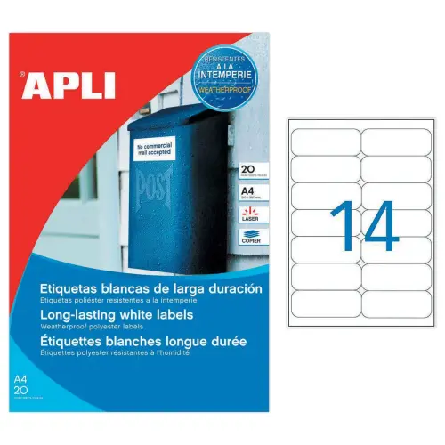 20 Planches d'étiquettes inaltérables laser 99,1x38,1mm 280 étiq blanc