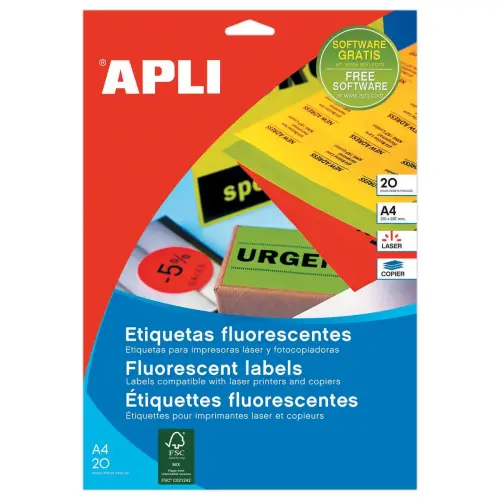 20 Planches &eacute;tiquettes fluorescentes - 210x297 - Jaune - APLI 