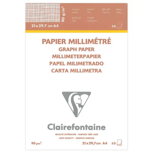 BLOC PAP VELIN MILLIMETRE ENCOLLE A4 50 Feuilles 90g 