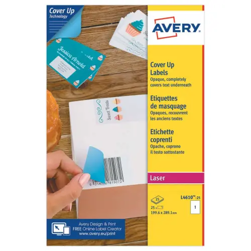 Étiquettes de masquage laser AVERY 199,6x 289,1 mm 25f x 25 étiquettes
