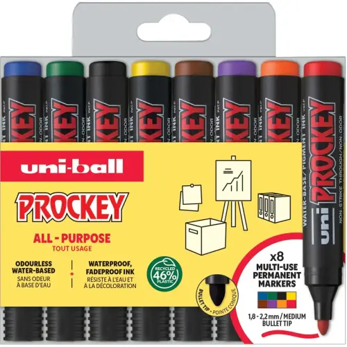 Marqueur permament à base d'eau UNI-BALL PROCKEY - pointe conique moyenne - coloris assortis - lot de 8