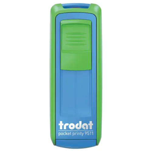 Timbre mobile personnalisable Printy 9511 - Boîtier vert/bleu - Encre noire - 38 x 14 mm - 4 lignes max