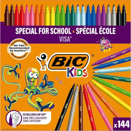 Feutre de coloriage BIC VISA pointe fine - encre lavable - coloris assortis - lot de 144