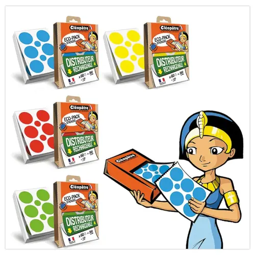 Distributeur de gommettes rechargeable - Cléopâtre éco-pack 4 couleurs - 8 et 18mm - 7 200 gommettes rondes - lot de 4