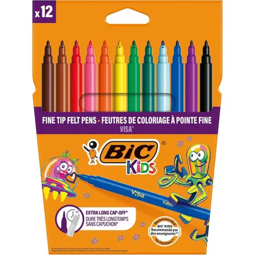 Feutre de coloriage BIC VISA pointe fine - encre lavable - coloris assortis - lot de 12 