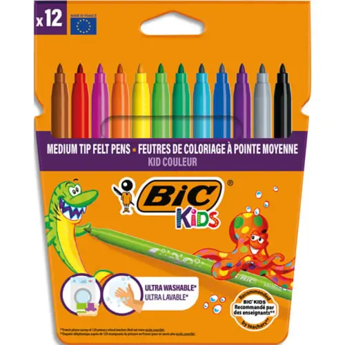 Feutre de coloriage BIC KIDS pointe moyenne - encre lavable - coloris assortis - lot de 12 