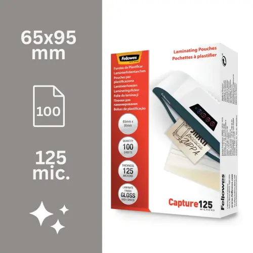 100 Pochettes plastification brillantes - 6,5 x 9,5 cm - 125 &micro; - Fellowes 