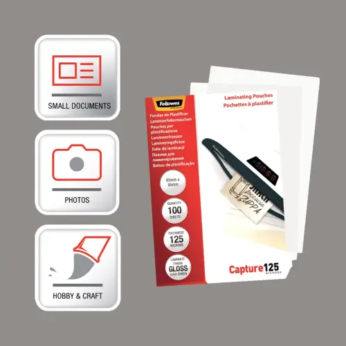 100 Pochettes plastification brillantes - 6,5 x 9,5 cm - 125 &micro; - Fellowes 