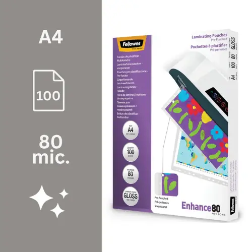 100 Pochettes de plastification perfor&eacute;es - A4 - 80 &micro; - Fellowes 
