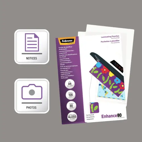 100 Pochettes de plastification perfor&eacute;es - A4 - 80 &micro; - Fellowes 