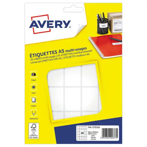 10 Feuilles A4 soit 650 étiquettes blanches coins carrés 38x21,2 mm