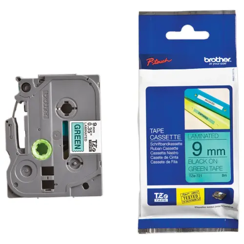 Ruban pour titreuse BROTHER TZE 721 9mm vert impression noir 