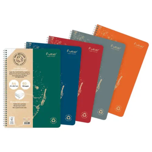Cahier recycl&eacute; &agrave; spirales pages A4 lign&eacute;. 