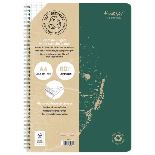 Cahier recycl&eacute; &agrave; spirales pages A4 lign&eacute;. 