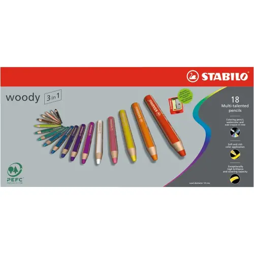 Crayon en bois gros module WOODY - mine 10mm - multi surfaces - 1 taille-crayon inclus - coloris assortis - lot de 18