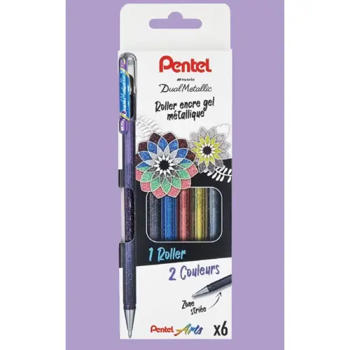 Stylo roller encre gel Pentel DualMetallic - pointe large 1 mm - coloris m&eacute;ttalis&eacute;s assortis - lot de 6 