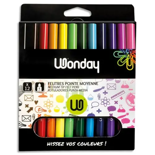 Feutre de coloriage WONDAY pointe moyenne - encre lavable - coloris assortis - lot de 12 