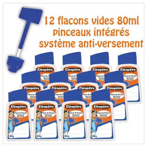 Flacon vide Cléopâtre pour colle liquide 80 ml avec pinceau applicateur - lot de 12