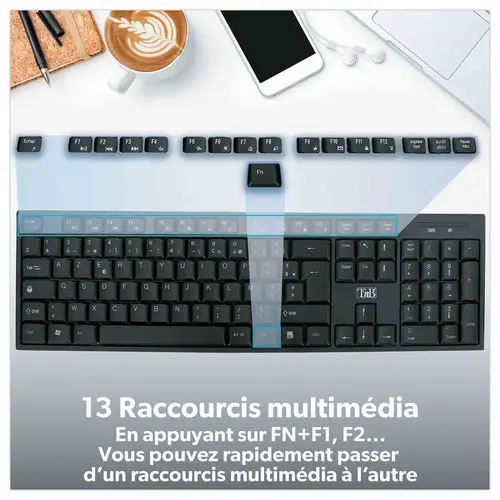 Kit clavier et souris sans fil Classy - 13 raccourcis multim&eacute;dias - R&eacute;cepteur USB unique - Noir - T'nB 