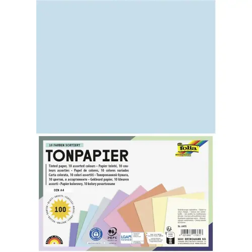 Papier dessin A4 130 g Folia - 10 coloris pastels assortis - 100 feuilles