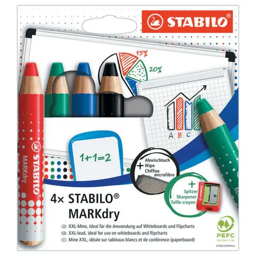 4 Crayons effaçables à sec MARKdry + chiffonnette + taille-crayon - STABILO