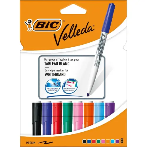 Marqueur effaçable à sec BIC Velleda 1741 pour ardoise blanche - pointe moyenne - coloris assortis - lot de 8