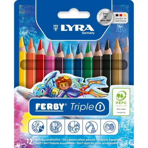 Crayon de couleur triangulaire LYRA mine craie aquarellable - mine 6,3mm - coloris assortis - lot de 12