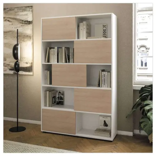 Biblioth&egrave;que blanc 10 cases 5 portes ch&ecirc;ne mont&eacute;e 