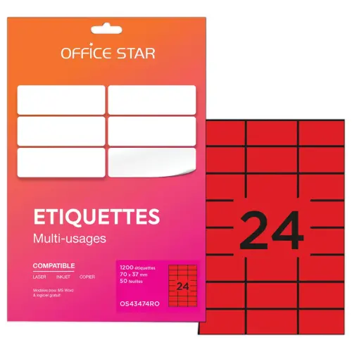 50 planches &eacute;tiquettes L70xH37mm, 1200 &eacute;tiq/ bo&icirc;te, rouge 