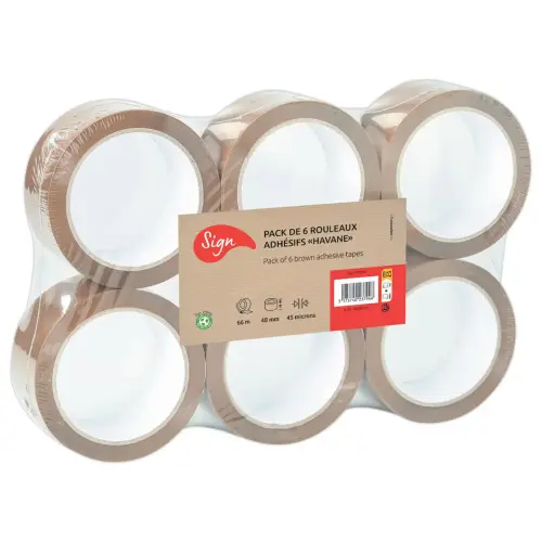 6 Rouleaux d'adh&eacute;sif d'emballage - 66 m x 48 mm - 45&micro; - Sign 
