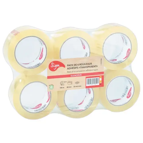 6 Rouleaux d'adhésif d'emballage - 100 m x 48 mm - 50µ - Transparent - Sign